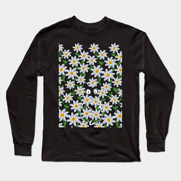 Cat hiding in daisy flower field at night Long Sleeve T-Shirt by HAVE SOME FUN